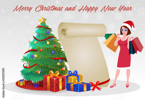 Christmas Santa Girl Character with Christmas Gifts, Christmas tree and explainer animation poses. Character set with poses