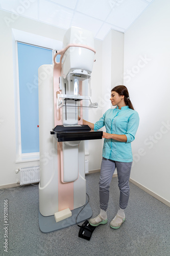 Medical equipment for breast examination. Medic mammologist in modern clinic. Closeup