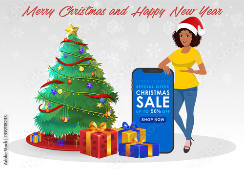 Christmas Santa Girl Character with Christmas Gifts, Christmas tree and explainer animation poses. Character set with poses, Girl with mobile showing online sale offer.