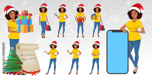 Christmas Santa Girl Character with Christmas Gifts, Christmas tree and explainer animation poses. Character set with poses