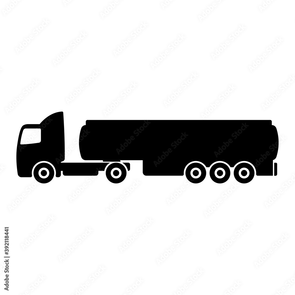 Fuel truck icon. Oil tanker. Black silhouette. Side view. Tractor with tank semitrailer. Shipping. Vector flat graphic illustration. The isolated object on a white background. Isolate.