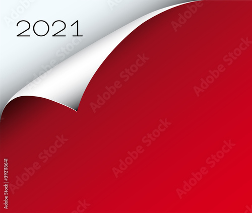 Rotes Papierblat mit Eselsohr und das Jahr 2021,
Vektor Illustration
