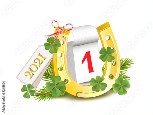 Karte mit Hufeisen und 2021 Kärtchen, Kalender 1. Januar, Kleeblätter und Tannenzweige,
Silvester und Glücksbringer Karte,
Vektor Illustration isoliert auf weißem Hintergrund

