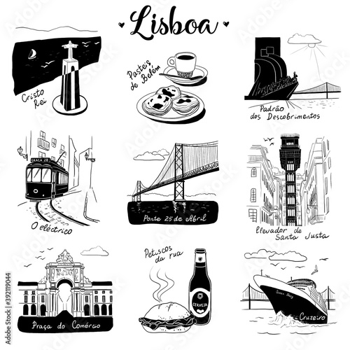 Set of black and white illustrations about Lisbon, Portugal