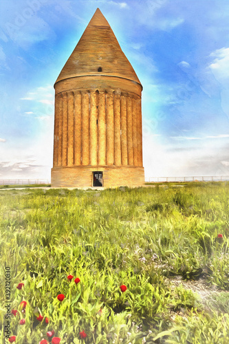 Tower tomb colorful painting, 15th century, Akhangan tower, Khorasan Razavi Province, Iran. photo