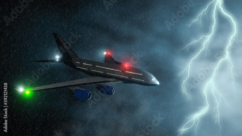 Commercial airplane flying through a storm or thunderstorm 3D rendering illustration. Transportation, flight, weather concepts.