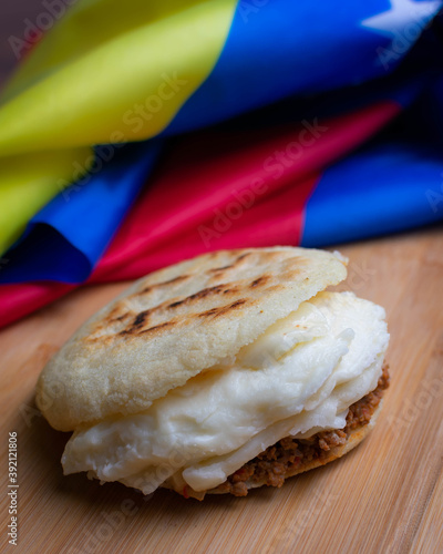 Venezuelan arepa with guayanes cheese and beef photo