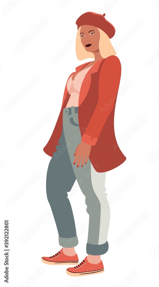 Illustrated woman portrait on a white background. Female in a jeans and french red beret. Blond hair woman standing in red jacket. Vector flat illustration. 