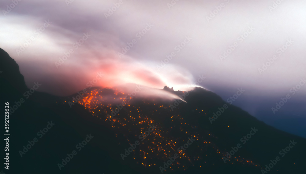 Stromboli crater with fog under the moonlight