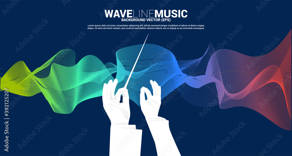 Vector silhouette of conductor hand with sound waves in background . Concept background for orchestra concert and recreation. - obrazy, fototapety, plakaty 