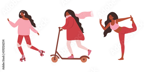 Flat vector cartoon set of activities - girl on roller skates, girl on a scooter, girl doing yoga. The concept of an active and productive lifestyle.