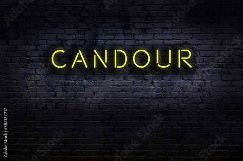 Neon sign. Word candour against brick wall. Night view