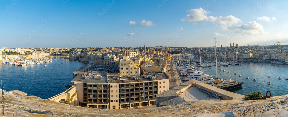 City of Birgu also known as Vittoriosa in Malta. On the left is  Kalkara Creek and on the right is Vittoriosa Marina and the City of Senglea. 