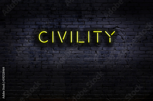 Obraz na plátne Neon sign. Word civility against brick wall. Night view