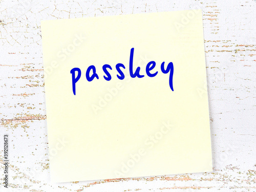 Obraz na plátně Yellow sticky note on wooden wall with handwritten word passkey
