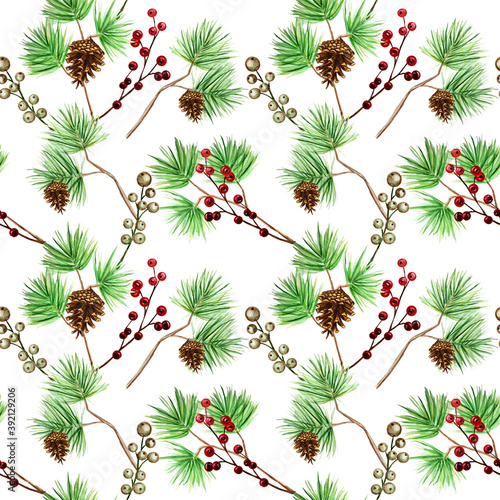 Christmas seamless pattern, pine branches, red berries winter holiday background. Watercolor illustration. Xmas gift Wrapping Paper, fabric texture design