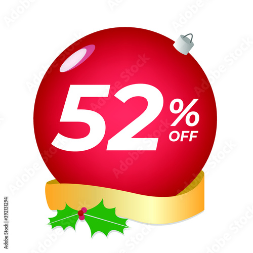52% off. Fifty-two percent discount. Christmas sale banner. Red bubble with ornaments on a white background vector.