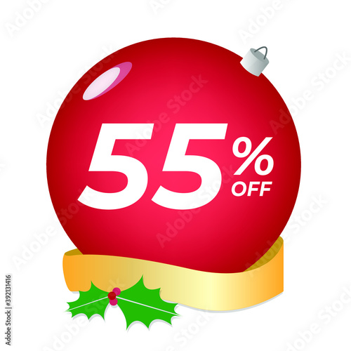 55% off. Fifty-five percent discount. Christmas sale banner. Red bubble with ornaments on a white background vector.