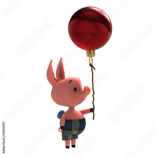 This is a cute little pig holding a red ball that looks like a Christmas tree ornament.