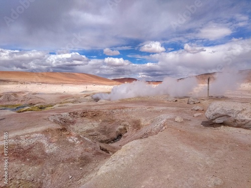 Geyser Sol de la Mañana in Bolivia, South America - part of the 3-days tour to the salt desert Salar de Uyuni, largest salt flat in the world. 