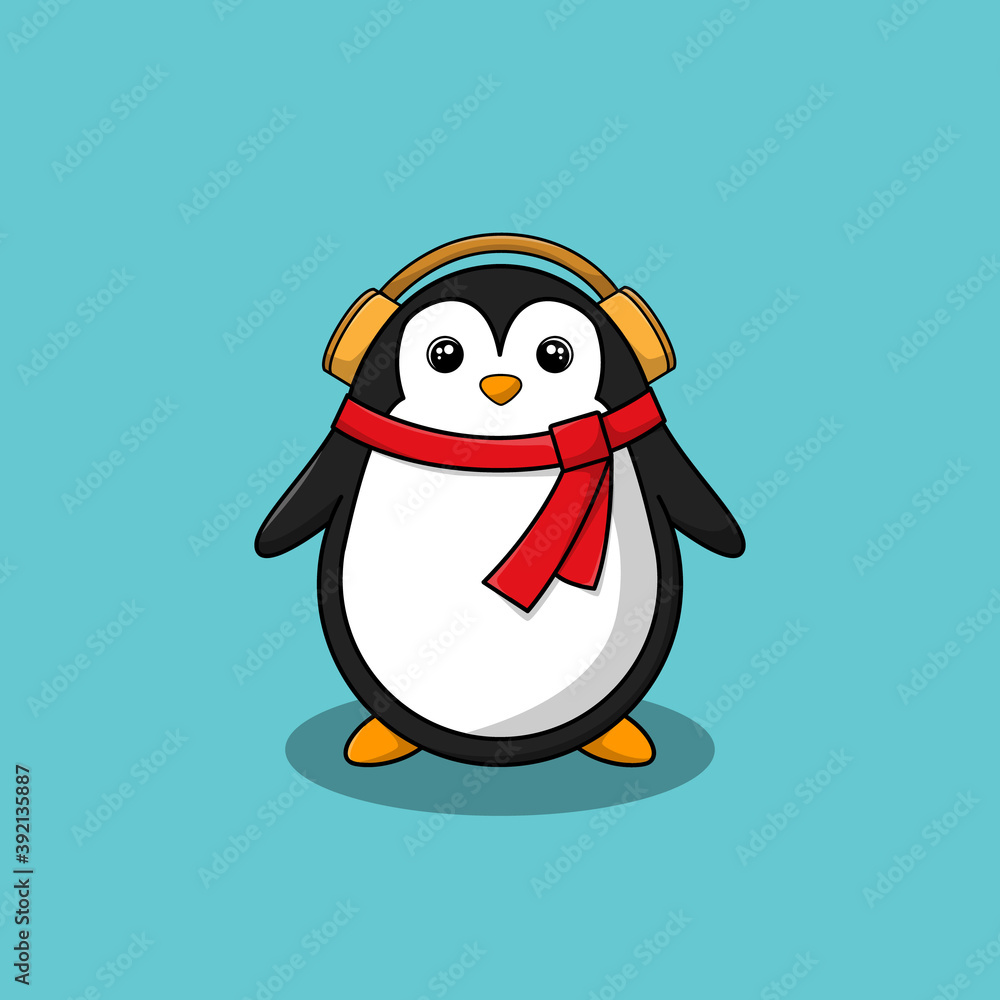 Obraz premium Cute Penguin Wearing Scarf and Headphone Cartoon Vector Icon Illustration. Animal Winter Icon Concept Isolated Premium Vector. Flat Cartoon Style