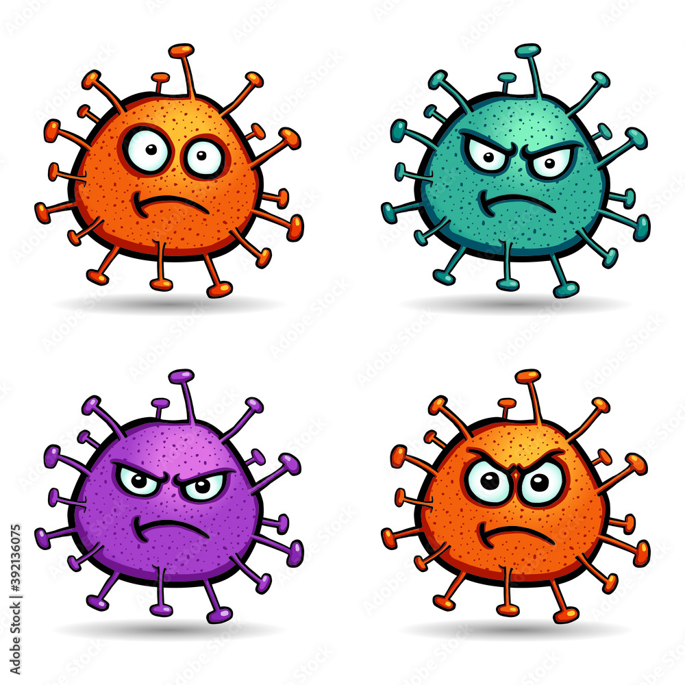 Set of colorful virus characters in cartoon style, with several facial expressions like rage, madness, fright, and amazement on white background. Vector illustration. Set of colorful virus characters in cartoon style, with several facial expressions like rage, madness, fright, and amazement on white background. Vector illustration.