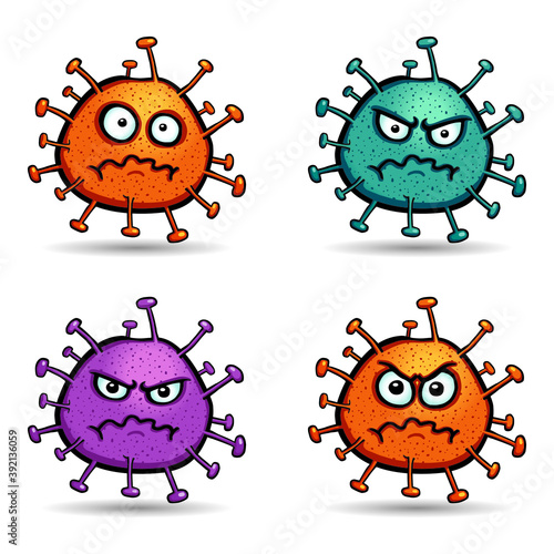 Set of colorful virus characters in cartoon style, with several facial expressions like rage, madness, fright, and amazement on white background. Vector illustration.