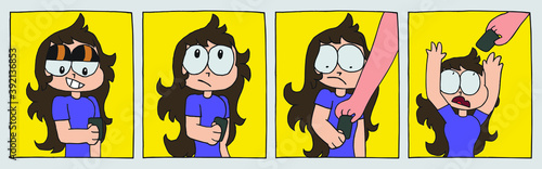 Hilarious strip of young girl trying to use cell phone until dad takes it out of her hand, in cartoon style. Vector illustration.