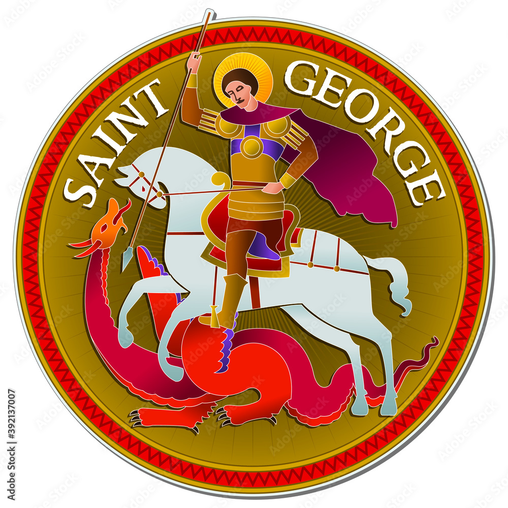 Colorful drawing of Saint George riding a horse and fighting the Dragon ...