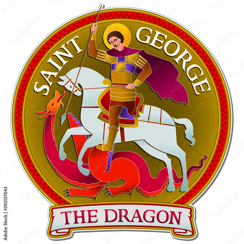 Colorful drawing of Saint George riding a horse and fighting the Dragon ...