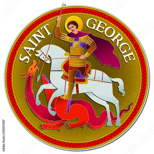 Colorful drawing of Saint George riding a horse and fighting the Dragon, in stylized way and the words SAINT GEORGE behind. Vector illustration.
