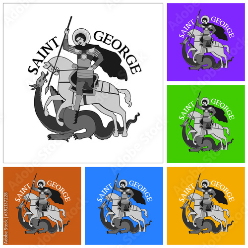 Set of black and white drawings of Saint George on horse fighting the Dragon, in stylized way and colorful backgrounds. Vector illustration.