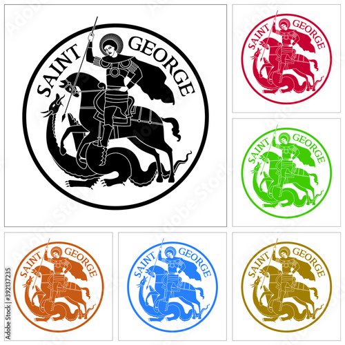 Set of colorful drawings of Saint George riding a horse and fighting the Dragon, in stylized way and white background. Vector illustration.
