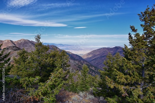 Fototapeta Naklejka Na Ścianę i Meble -  Butterfield Peak views of Oquirrh range toward Provo, Tooele, Utah Lake and Salt Lake County by Rio Tinto Bingham Copper Mine, in fall. Utah. United States.