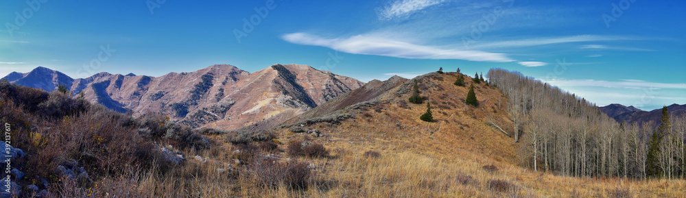 Butterfield Peak views of Oquirrh range toward Provo, Tooele, Utah Lake and Salt Lake County by Rio Tinto Bingham Copper Mine, in fall. Utah. United States.