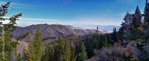 Butterfield Peak views of Oquirrh range toward Provo, Tooele, Utah Lake and Salt Lake County by Rio Tinto Bingham Copper Mine, in fall. Utah. United States. photo