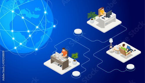 Isometric video conference. Working at home, coworking space. Online meeting work form home. Home office.