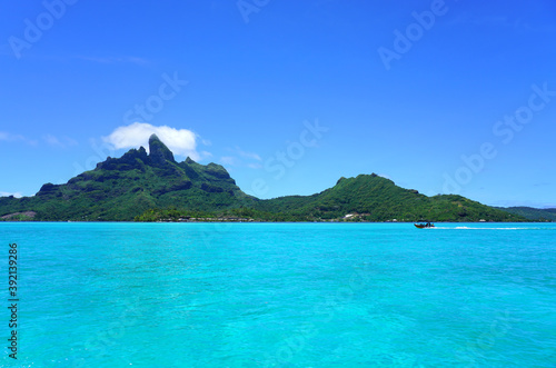 View of the Mont Otemanu mountain and the turquoise lagoon in Bora Bora, French Polynesia, South Pacific