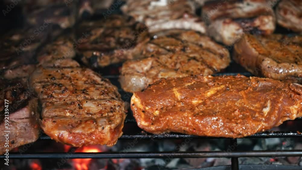 Pork and beef stakes meat grill on fire Pork and beef stakes meat grill on fire