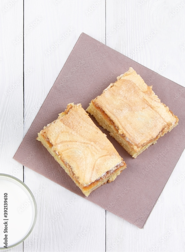 A glass of milk and cake on a white wooden background. Breakfast in a morning. Flat lay. Healthy food.Vertical view A glass of milk and cake on a white wooden background. Breakfast in a morning. Flat lay. Healthy food.Vertical view