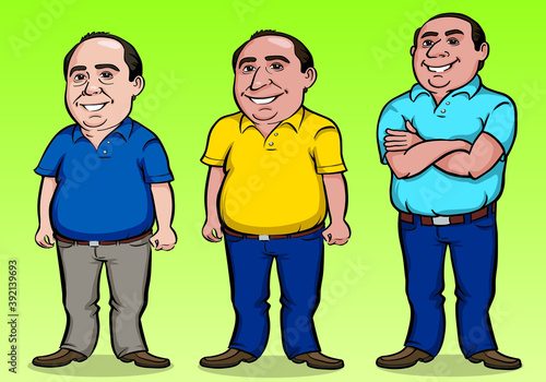 Set of character of friendly middle-aged man, bald and paunchy posing in cartoon style. Vector illustration.
