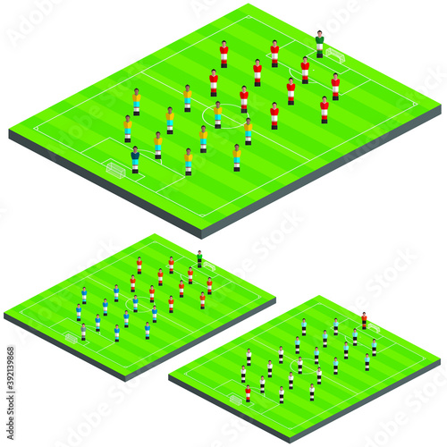 Set of soccer fields with stylized colorful players. Vector illustration.