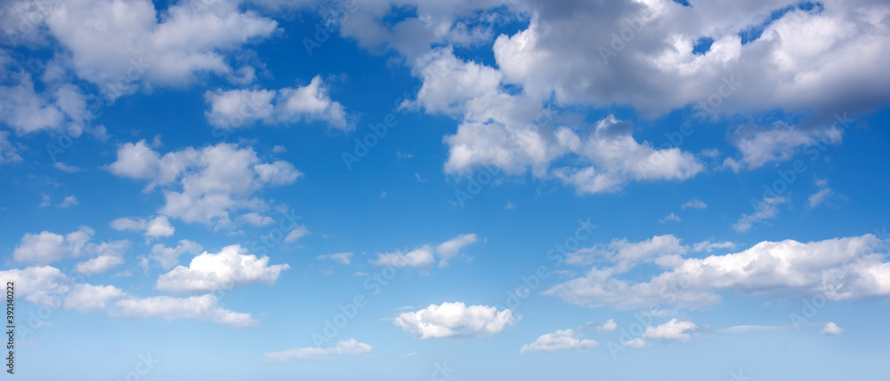 Panorama of afternoon blue sky with white clouds. - obrazy, fototapety, plakaty 