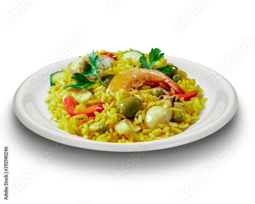 Plate of Paelle, typical Spanish recipe with rice, fish and saffron, isolated on white 