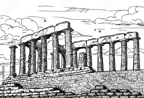 Colonnade at the ancient Temple of Poseidon in Cape Sounion, one of the major monuments of the Athenian Golden Age, in southern Greece. Ink drawing.