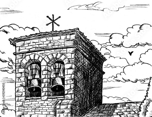 Facade and bellow tower in gothic style from an old church in Cizun Menor. A cute village on the Way of St. James, in northern Spain. Ink drawing.