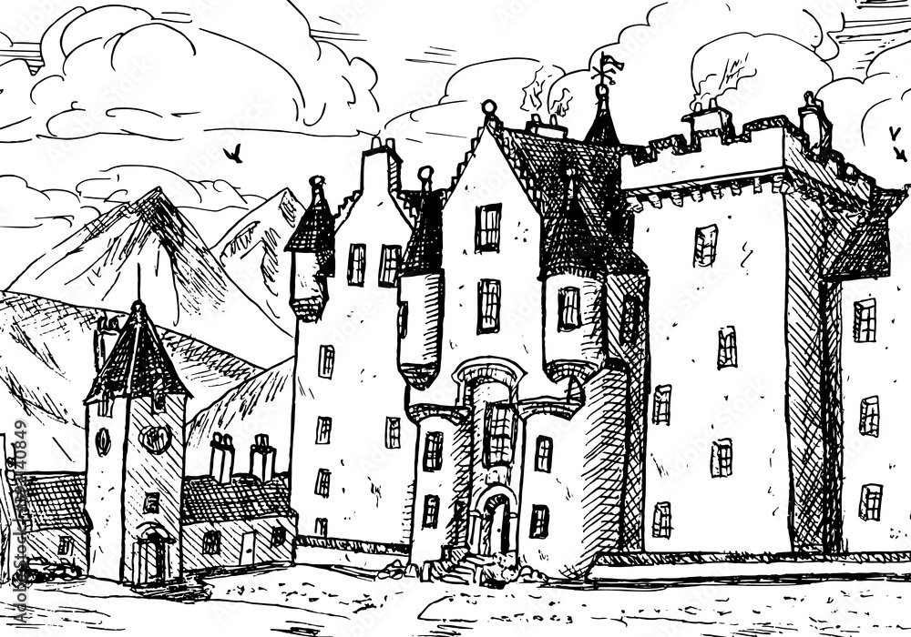 Front facade of Blair Atholl Castle with pointed turrets. In the middle of Scottish highlands, north of United Kingdom. Ink drawing.