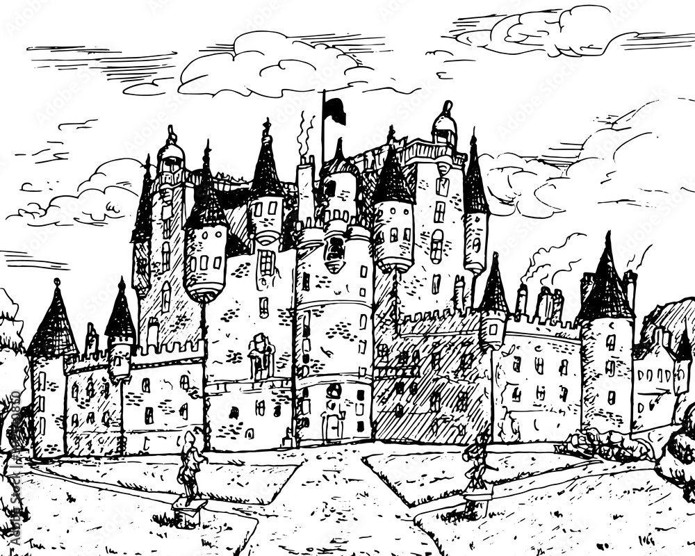 Front facade of Glamis Castle with pointed turrets, is the epitome of baronial grandeur in central Scotland. Ink drawing.