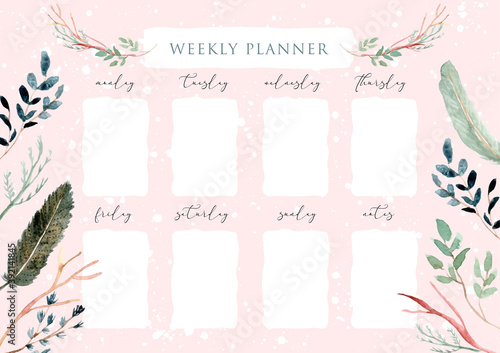 weekly planner with green feather and leaves frame