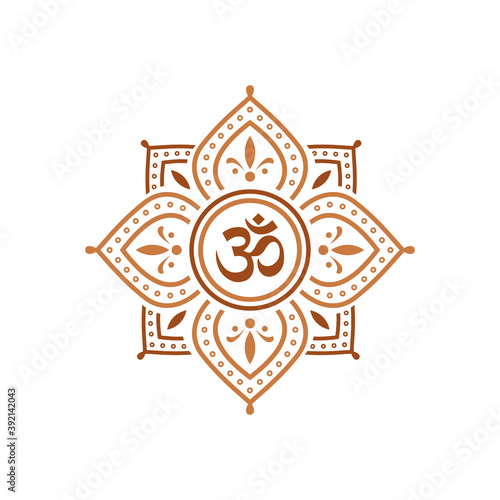 vintage thin line lotus shaped mandala with ohm sanskrit lettering vector icon